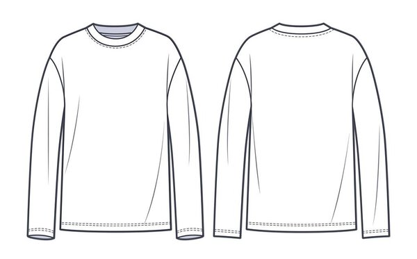 Long Sleeve Shirt fashion flat tehnical drawing template. Unisex T-Shirt fashion template, crew neck, long sleeve, front and back view, white colour, women, men, CAD mockup.