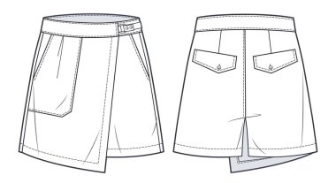 Short Pants, Skirt technical fashion illustration. High Waisted  Shorts, Skirt fashion flat sketch template, front, back view, white, women, CAD mockup.