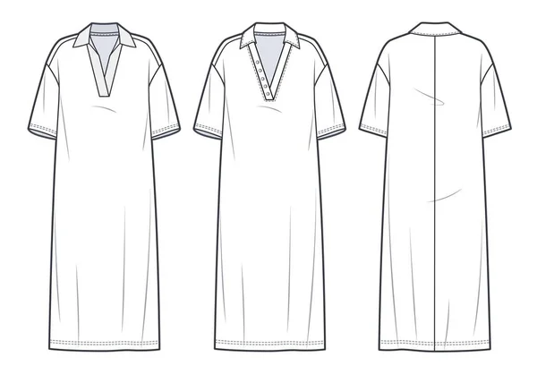 Oversize Polo Tee Dress Technical Fashion Illustration Jersey Midi Dress — Vector de stock