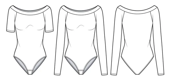Set Bodysuits Shoulders Technical Fashion Illustration Women Bodysuit Flat Template — Vetor de Stock