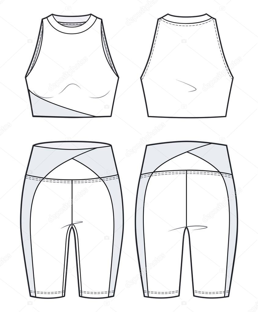 Girl's Sports Bra and Cycling Shorts fashion flat sketch template. Women's Crop Top and Short Leggings technical fashion illustration, front and back view, white colour, CAD mockup, set.