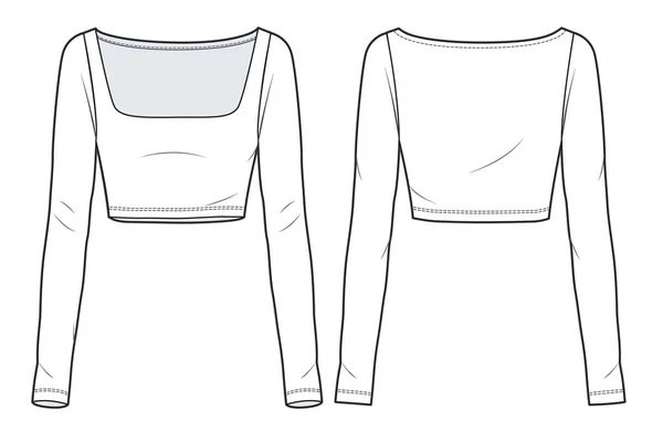 Long Sleeved Crop Top Fashion Flat Technical Drawing Template Women — Stok Vektör