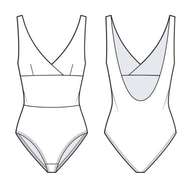 Women's Bodysuit fashion technical drawing template. Swimsuit technical fashion Illustration, v neckline, open back, wrap top, front and back, white colour, CAD mockup.