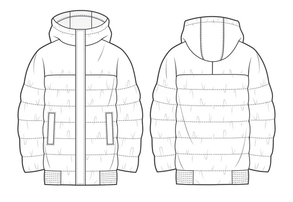 Unisex Quilted Padded Jacket Technical Fashion Illustration Hooded Puffer Jacket — Stock Vector