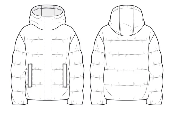 Unisex Quilted Padded Jacket Technical Fashion Illustration Hooded Crop Puffer — Stock Vector