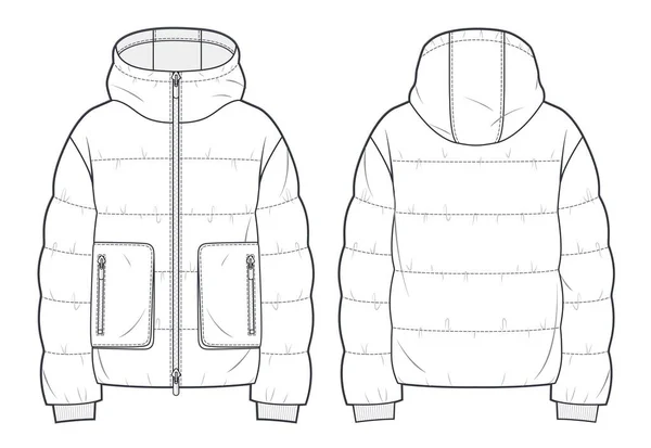 Unisex Hooded Zip Puffer Jacket Technical Fashion Illustration Cropped Puffer — Wektor stockowy