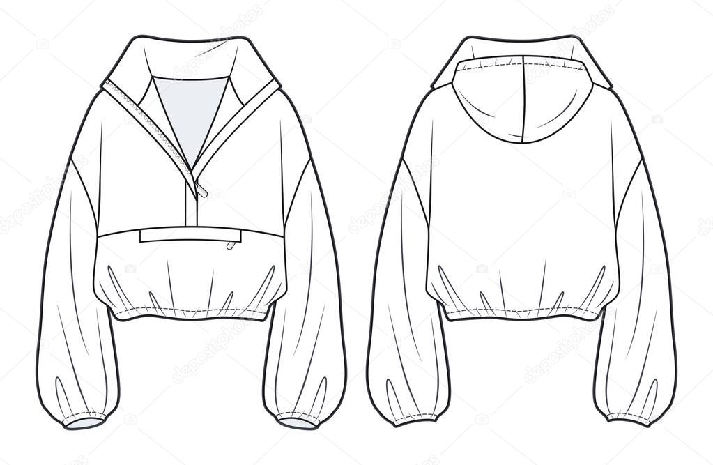 Hooded Crop Sweatshirt technical fashion Illustration.  Unisex Hoodie Jacket fashion flat technical drawing template, zip-up, owersize, front and back view, white, women, men, unisex CAD mock-up.