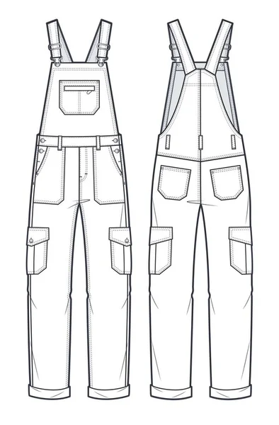Unisex Dungaree Jumpsuit Fashion Flat Technical Drawing Template Jeans Dungarees — Stock vektor