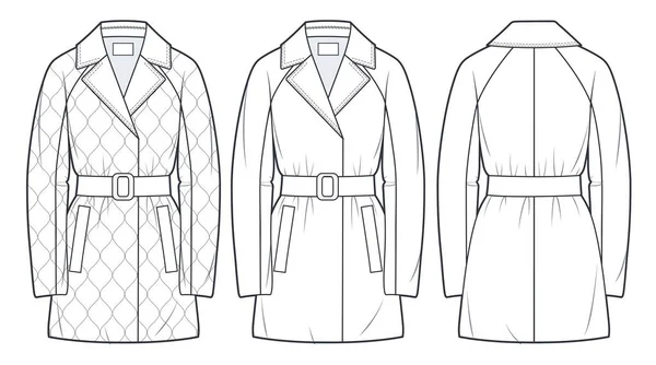 Unisex Стьобаний Піджак Технічної Моди Ілюстрація Belted Coat Технічний Шаблон — стоковий вектор