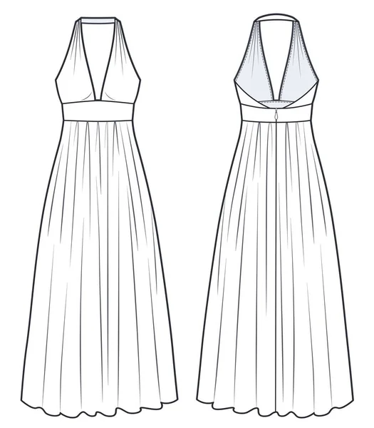 Maxi Dress Moda Techniczna Ilustracja Moda Damska Moda Płaski Rysunek — Wektor stockowy