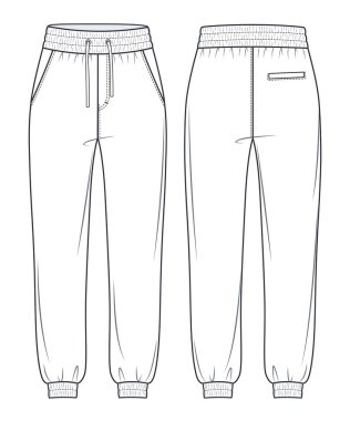 Koşu Pantolonu moda düz teknik çizim şablonu. Unisex Sweat Pants teknik tasviri, büyük boy, cep, elastik kemer, ön, arka görüş, beyaz, kadın, erkek, unisex CAD modeli. 