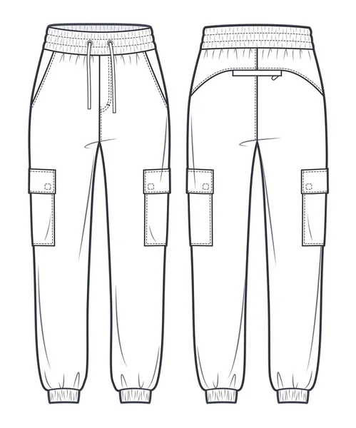 Pantalones Cargo Joggers Plantilla Dibujo Técnico Plano Moda Pantalones Unisex — Vector de stock