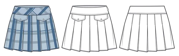 Ilustrasi Mode Teknis Skirt Pleated Desain Skirt Plaid Mini Skirt - Stok Vektor