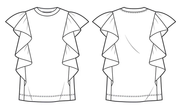 Femme Frill Manches Top Modèle Croquis Plat Mode Tee Shirt — Image vectorielle