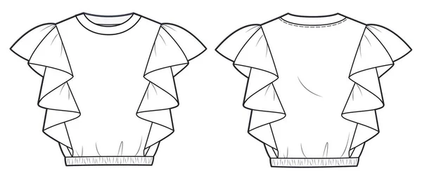 Damskie Rękawy Frill Crop Top Ilustracja Mody Technicznej Moda Koszulka — Wektor stockowy