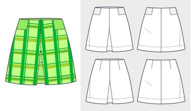 Pileli etek teknik moda illüstrasyonu, ekose etek tasarımı. Mini etek düz çizim şablonu, ön pileli, arka fermuar, ön ve arka görünüm, beyaz, yeşil, CAD model seti.