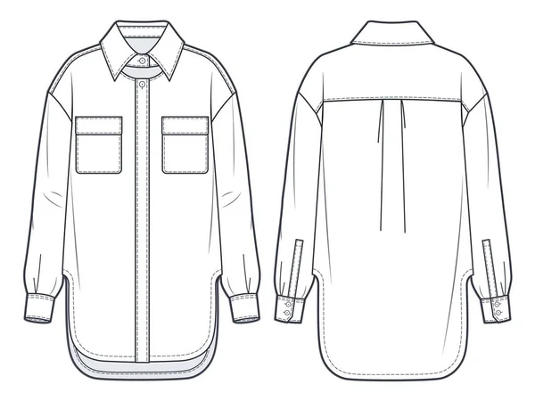 Camicia Basic Donna Moda Tecnica Illustrazione Modello Disegno Tecnico Piatto — Vettoriale Stock