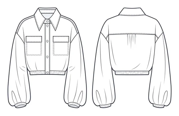 Women Shirt Jacket Technical Fashion Illustration Cropped Shirt Fashion Flat — Stock Vector