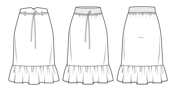 Ruffled Midi Skirts Техническая Модная Иллюстрация Набор Юбок Модный Плоский — стоковый вектор