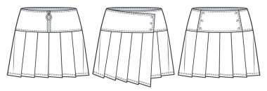 Pileli etekler teknik moda illüstrasyonunu oluşturur. Mini etekler düz çizim şablonu, pileli, düşük pirinç, düğmeleri ilikli, fermuarlı, asimetrik, ambalaj, ön ve arka görünüm, beyaz, CAD model seti.
