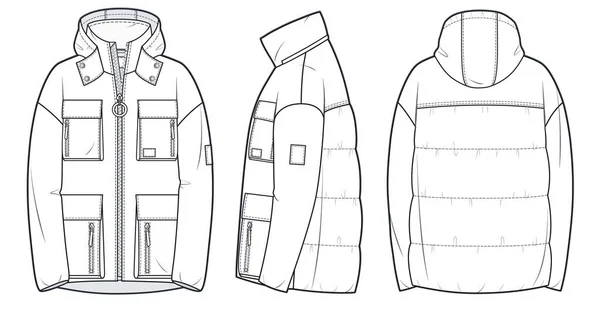 재닛의 기술적 일러스트레이션 Unisex Puffer Jacket Faster Flat Drawing Template — 스톡 벡터
