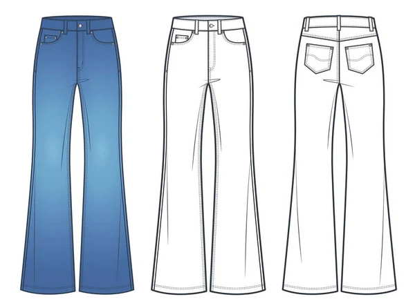 Unisex Jeans Fondo Acampanado Pantalones Vaqueros Ilustración Moda Técnica Diseño — Vector de stock