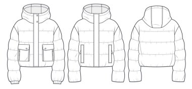 Kapüşonlu Ceket Teknik Moda İllüstrasyonu. Kesilmiş Ceket Teknik Şablonu, uzun kollu, cep, ön ve arka görünüm, beyaz, kadın, erkek, unisex CAD model seti.