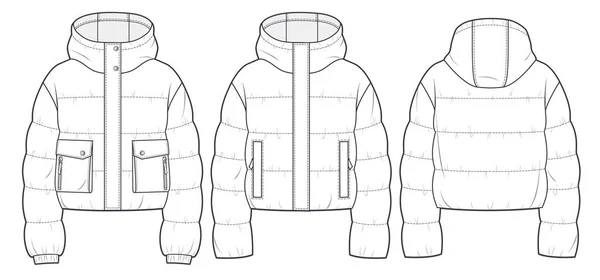 Hooded Puffer Jacket Moda Techniczna Ilustracja Przycięta Marynarka Szablon Rysunku — Wektor stockowy