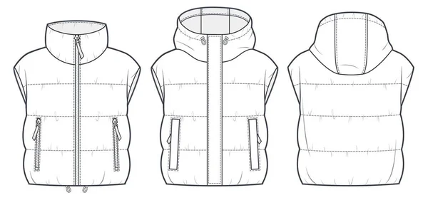 Moda Techniczna Kamizelki Przyciętej Ilustracja Kaptur Puffer Jacket Vest Szablon — Wektor stockowy