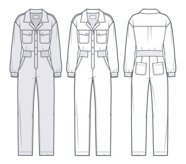 Unisex Tulum Teknik Moda İllüstrasyonu. Faydalı tulum düz çizim şablonu, büyük boy, cep, düğmeler, uzun kol, ön, arka görüş, beyaz, kadın, erkek, unisex CAD model seti.