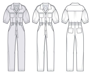 Kadın tulumu teknik moda illüstrasyonu. Faydalı tulum düz çizim şablonu, dar kesim, cep, düğmeler, kısa kollu balon, ön, arka görünüş, beyaz, gri, CAD model seti.