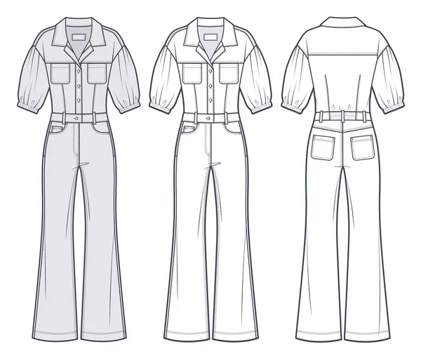 Denim Jumpsuit Вибив Штани Технічною Модою Illustration Utility Jumpsuit Модний — стоковий вектор