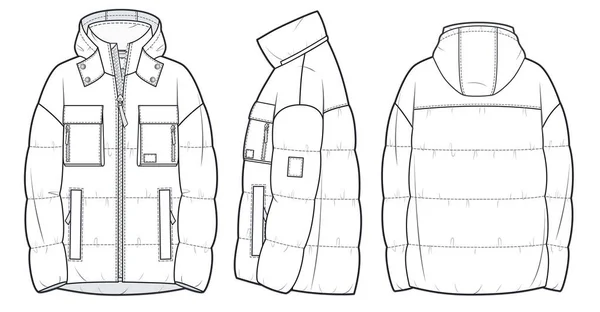 羽绒夹克 外套的技术时尚说明 填充夹克时尚平面绘图模板 拉链闭合 多口袋 后视图 单面Cad模型 — 图库矢量图片