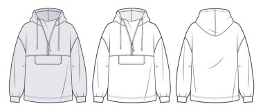 Unisex Hoodie teknik moda illüstrasyonu. Büyük boy Sweatshirt, Anorak moda düz çizim şablonu, fermuar, cep, ön ve arka görüş, beyaz, gri, kadın, erkek, unisex kaba model seti.