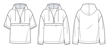 Unisex Hoodie teknik moda illüstrasyonu. Kısa ve uzun kollu kapüşonlu kapüşonlu sweatshirt. Moda düz çizim şablonu, ön, arka görüş, beyaz, kadın, erkek CAD modeli..