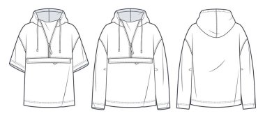 Unisex Hoodie technical fashion illustration. Set of Hoodie Sweatshirt with short and long sleeves fashion flat technical drawing template, front, back view, white, women, men CAD mockup. clipart