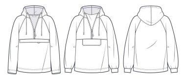 Raglan Kollu Kapüşonlu Kapüşonlu teknik moda illüstrasyonu. Büyük beden Sweatshirt, Anorac moda düz çizim şablonu, fermuar, cep, ön ve arka görüş, beyaz, kadın, erkek, unisex kaba model seti.