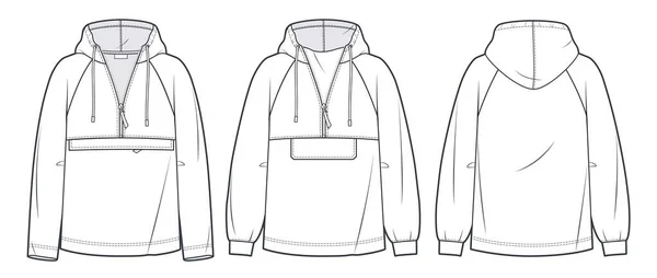 슬리브 기술적 일러스트 Oversize Sweatshirt Anorac Fashion Flat Technical Drawing — 스톡 벡터