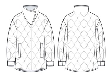 Kadın yastıklı ceketi teknik moda illüstrasyonu. Büyük Boy Down Coat teknik çizim şablonu, uzun kollu, cepleri, ön ve arka görünümü, beyaz, CAD modeli.