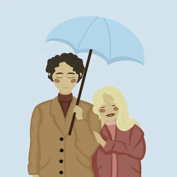 Young Happy Couple Couple Umbrella Romantic Illustration Guy Girl Rainy — Stockfoto