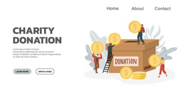 Sadaka ve bağış kavramı. Paranı insanlara ver ve paylaş. Küçük insanlar fakir insanlara yardım etmek için para bağışlarlar. Düz tasarım, vektör illüstrasyonu beyaz arkaplanda izole edildi.