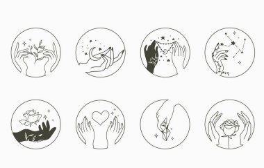 El, geometrik, çiçek ile güzellik okült koleksiyonu. Simge, etiket, yazdırılabilir ve dövme için vektör illüstrasyonuName