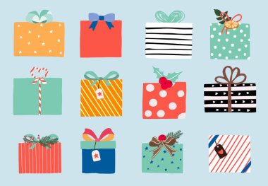 Ribbonlu hediye kutusu nesnesi koleksiyonu. Simge, etiket, yazdırılabilir öge için vektör çizimi. Düzenlenebilir öge