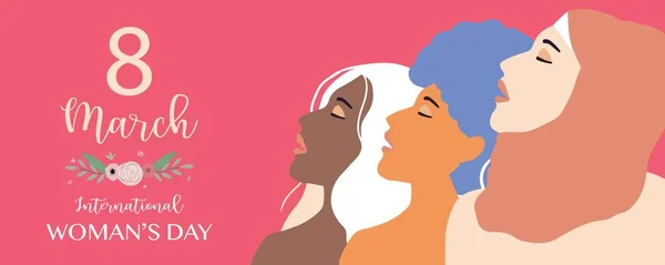 Frau Internationalität Tag Hintergrund Mit Gesicht Haare Und Blume — Stockvektor
