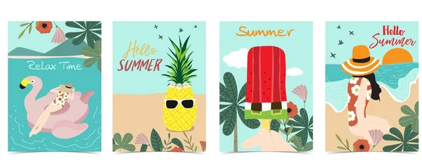 ビーチ パイナップル アイスクリームと葉付きの夏のポストカード — ストックベクタ