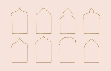 Pencere, kapı, kemer içeren satır tasarımı koleksiyonu. Web sitesi, etiket, dövme, simge için düzenlenebilir vektör illüstrasyonu