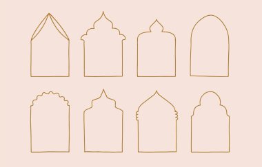 Pencere, kapı, kemer içeren satır tasarımı koleksiyonu. Web sitesi, etiket, dövme, simge için düzenlenebilir vektör illüstrasyonu