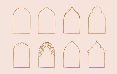 Pencere, kapı, kemer içeren satır tasarımı koleksiyonu. Web sitesi, etiket, dövme, simge için düzenlenebilir vektör illüstrasyonu