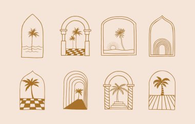 Ağaç, avuç içi, doğa ile çizgi tasarımı koleksiyonu. Web sitesi, etiket, dövme, simge için düzenlenebilir vektör illüstrasyonu