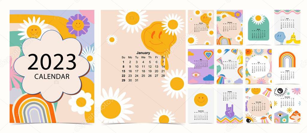 2023 table calendar week start on Sunday with groovy and flower that use for vertical digital and printable A4 A5 size 